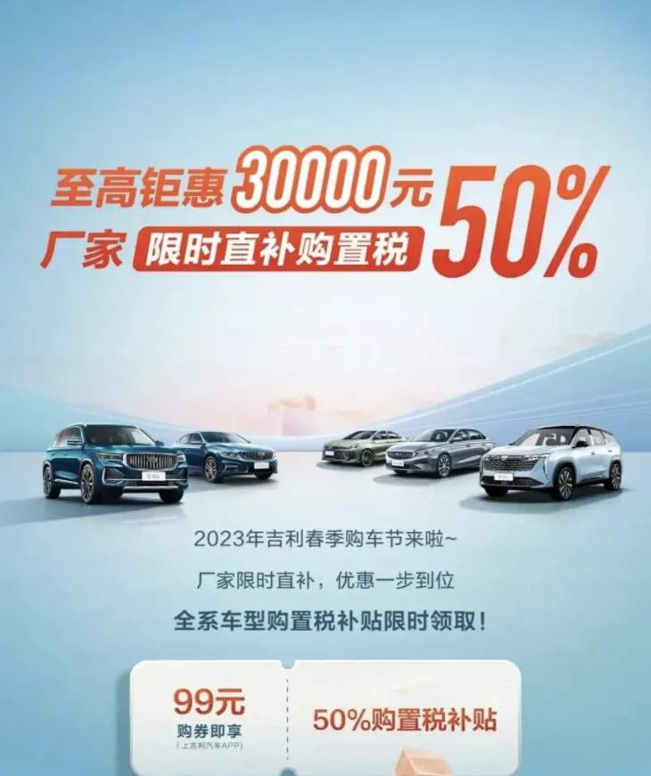 吉利汽车购置税补贴政策再次延续至3月31日