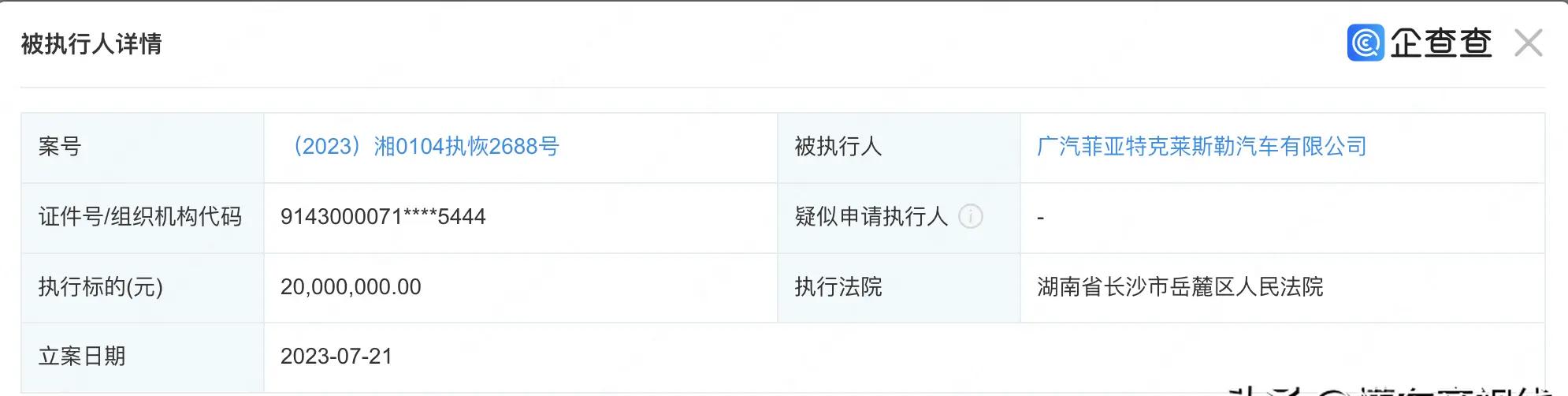 广汽菲克新增被执行人信息，2000万元执行标的达成