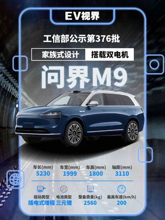 工信部公示第376批《道路机动车辆生产企业及产品公告》，其中问界M9增程版在列。与此前发布的纯电动版相比，增程版车型采用了H15RT 1.5T发动机，并搭载双电机。#问界M9 #遥遥领先 #新能源汽车 #工信部