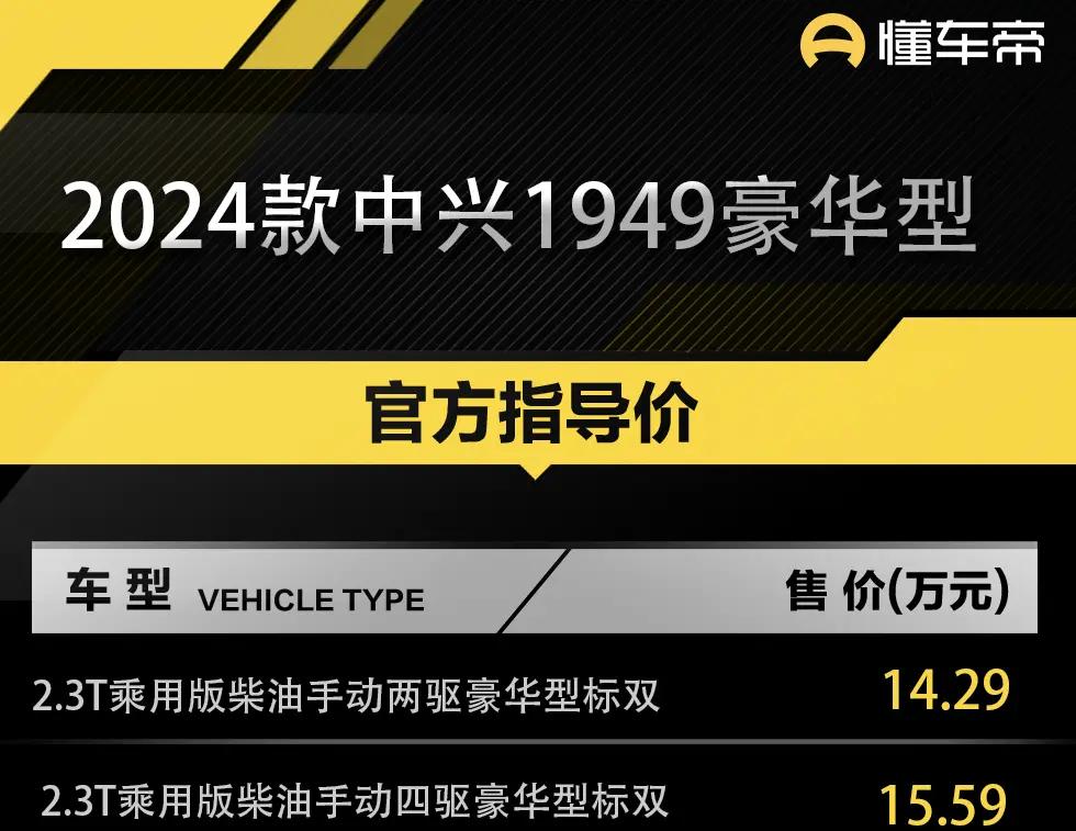 全新上市 | 2024款中兴1949豪华型售价14.29万起，搭载2.3T高效柴油引擎