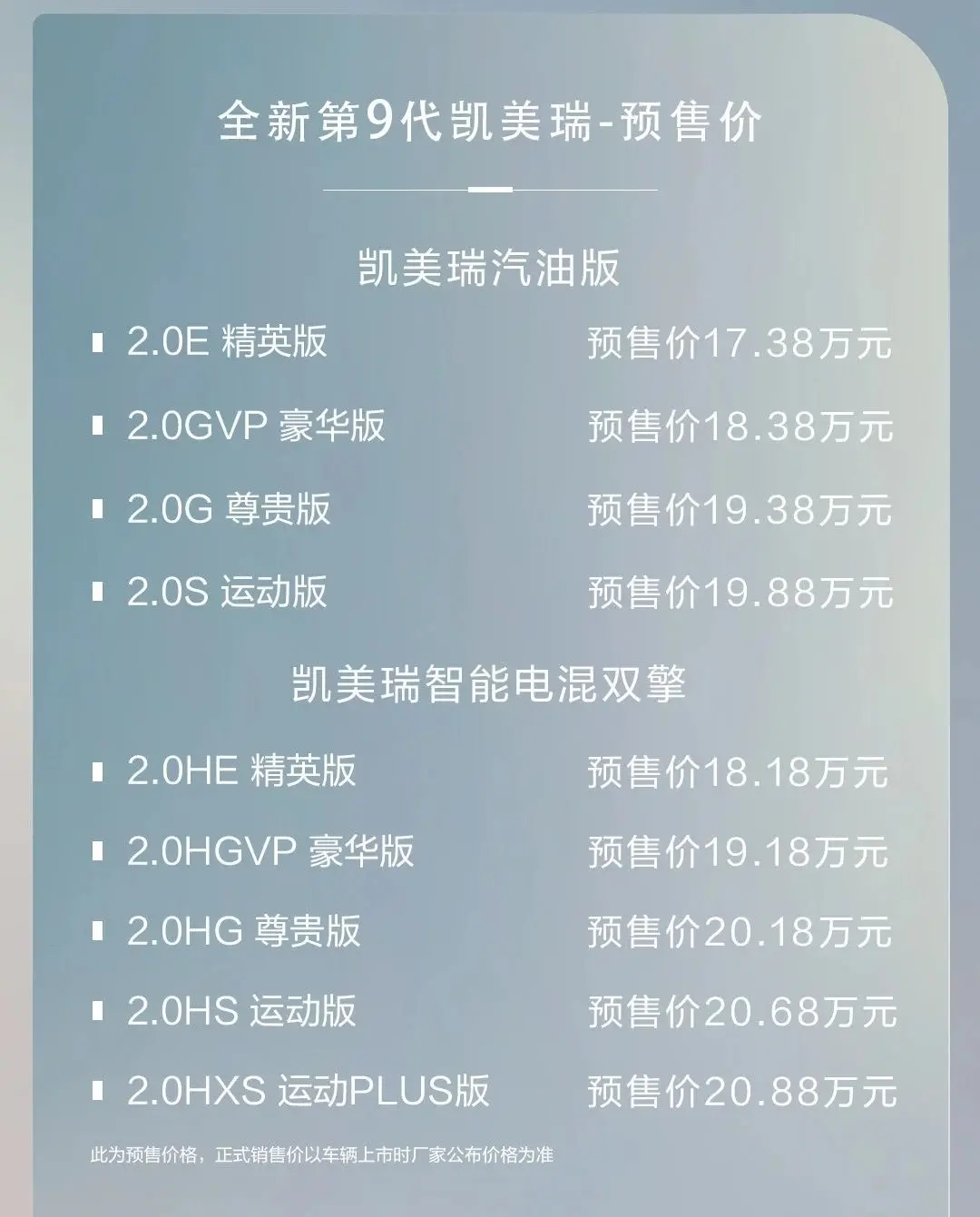预售17.38万起，三种外观，三种动力，旗舰B级车，油耗才4.2L