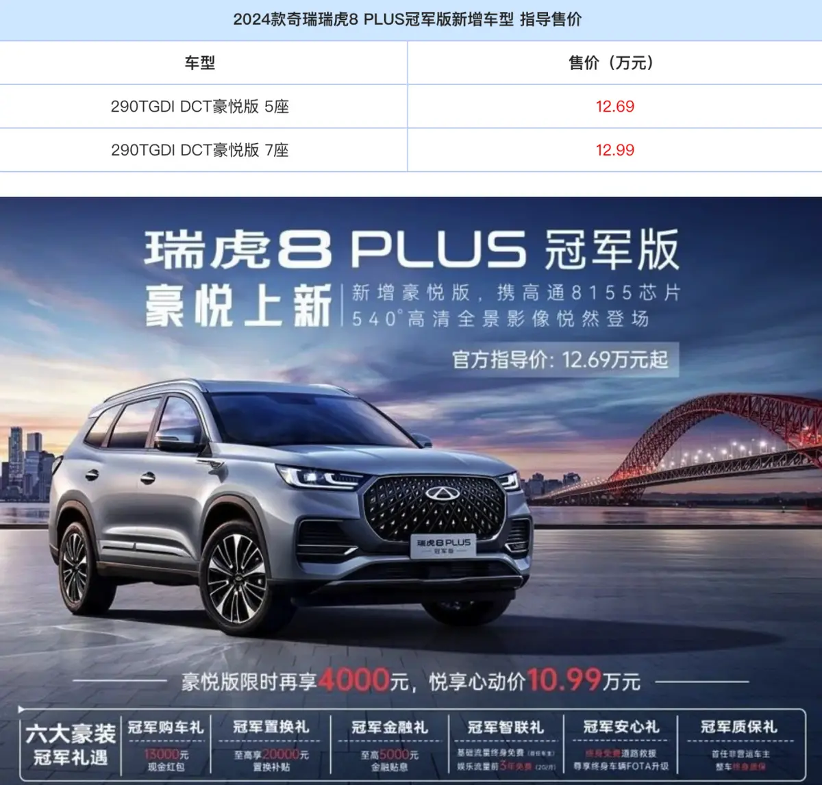 瑞虎8 PLUS豪悦版技术与舒适性的完美结合，值得每一位车主的期待”