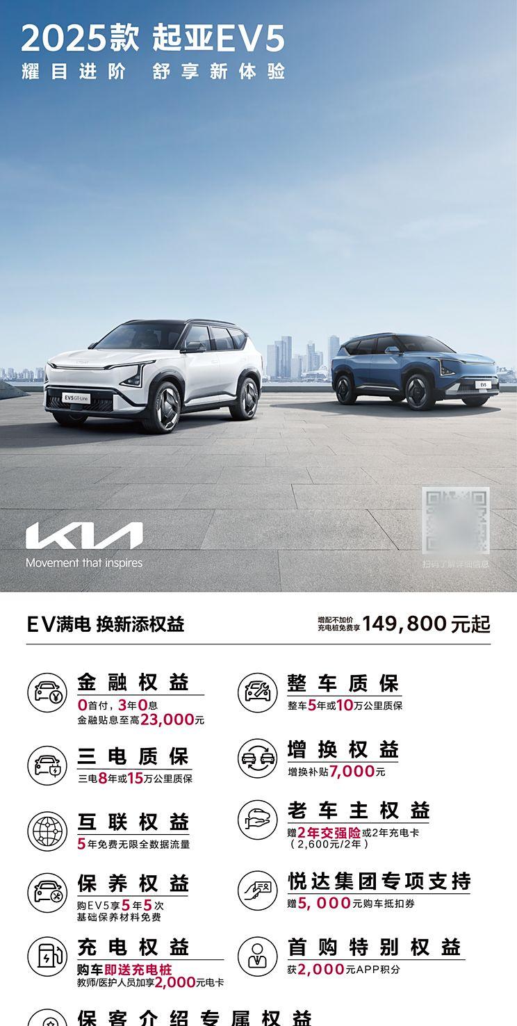 0首付，3年0息等 2025款起亚EV5发布购车权益 售14.98万起