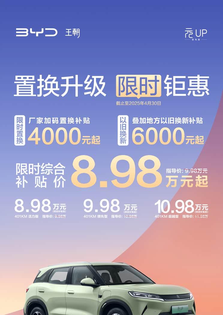 比亚迪元UP智驾版限时钜惠 8.98万元起享智能出行