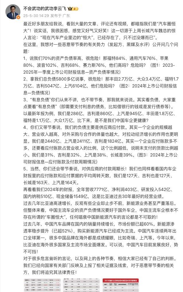 比亚迪高管反击长城”恒大论”：负债率优于吉利
