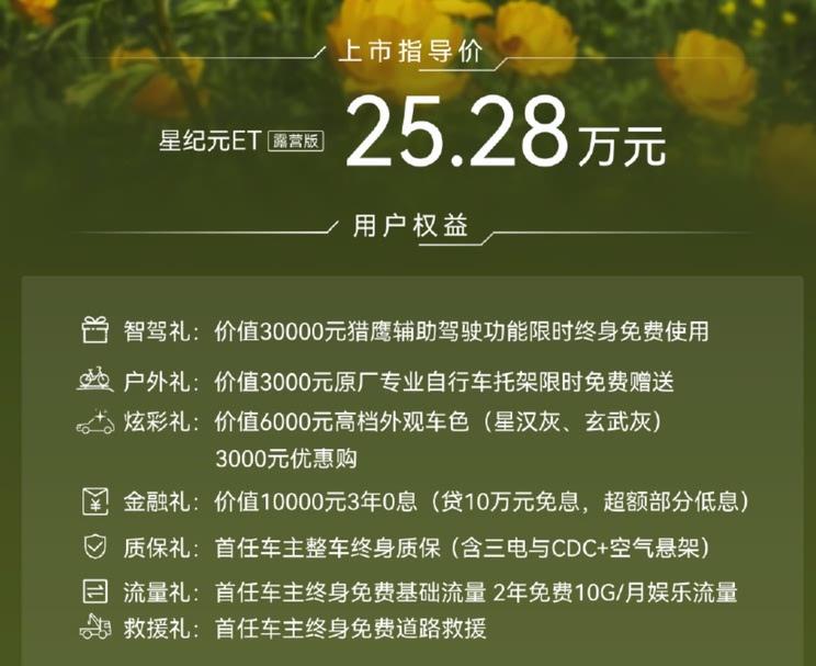 星纪元ET露营版25.28万起售：拖挂无忧/续航破1500km