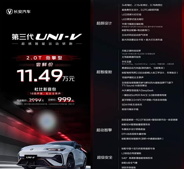 长安UNI-V 2.0T劲擎版预售11.49万 8月7日正式上市