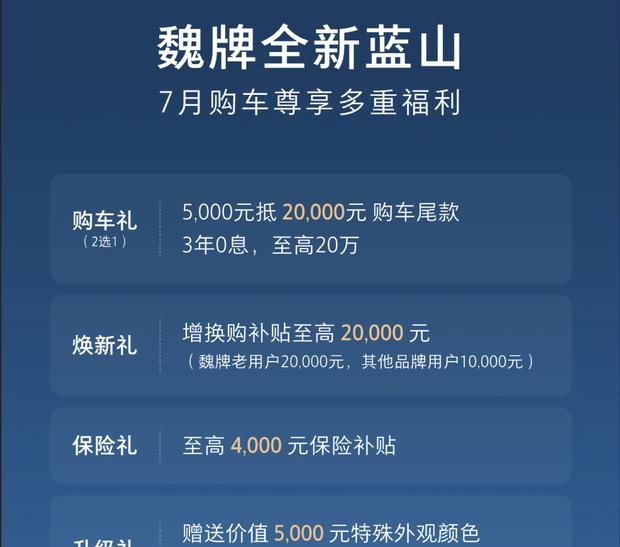 魏牌蓝山7月限时优惠：置换补贴至高2万元+4000元保险礼遇