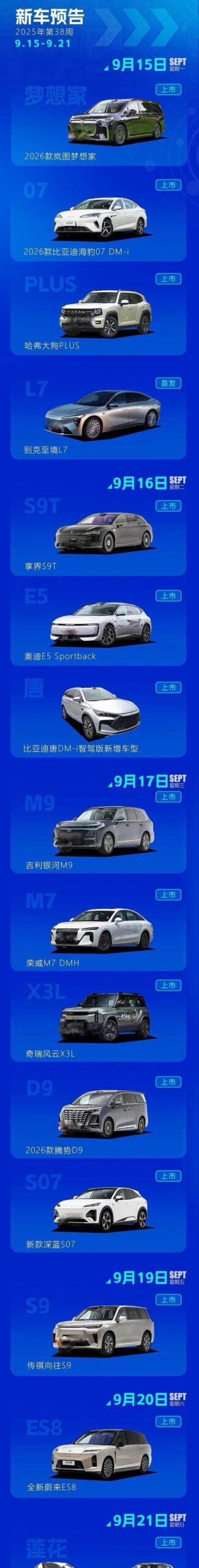 2025年第38周重磅新车前瞻：蔚来ES8换代领衔，吉利银河M9即将亮相