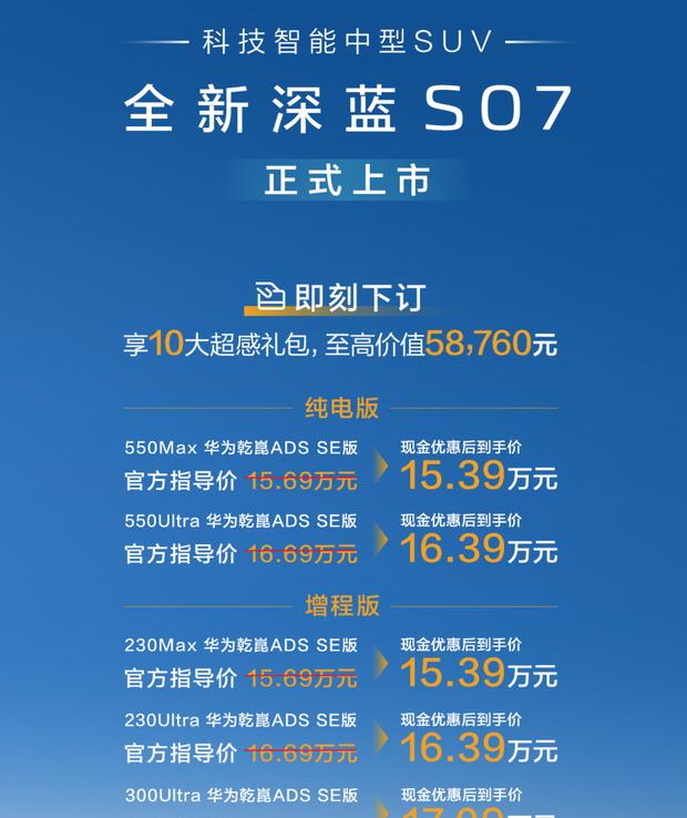 新车上市  深蓝S07正式交付！15.39万起售，双动力选择