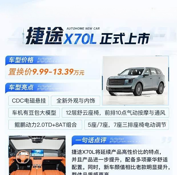 捷途X70L正式上市，置换价9.99万元起，前路虎设计师打造，搭载CDC悬架系统