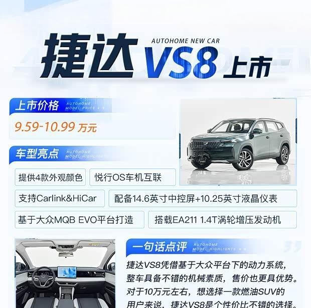 捷达VS8正式上市：9.59万元起，科技感外观打造家用中型SUV新标杆