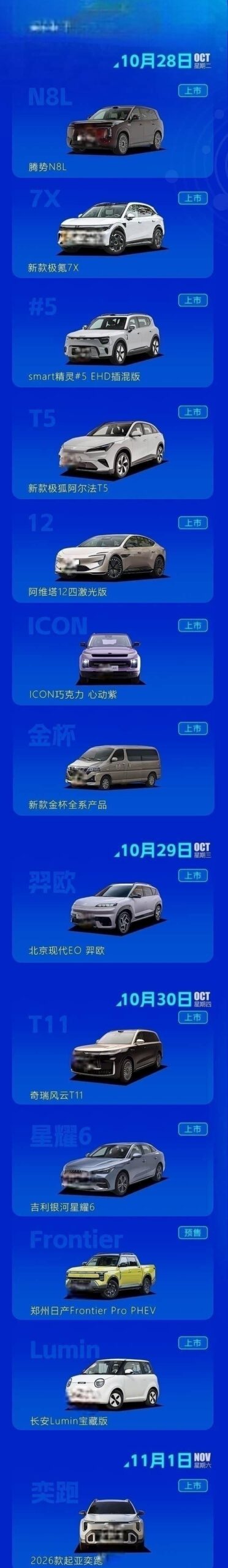 2025年第44周重磅新车前瞻：奇瑞风云T11/吉利银河星耀6领衔