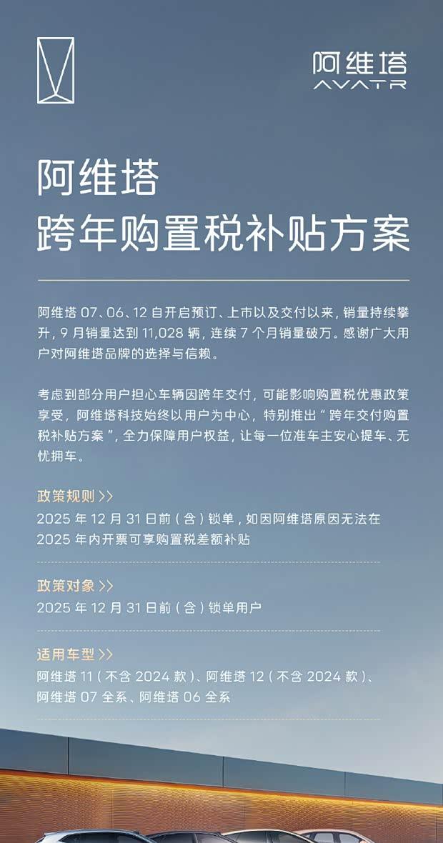 阿维塔限时补贴：年底前下单享购置税减免