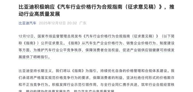 比亚迪：强化价格自律 反对不正当竞争