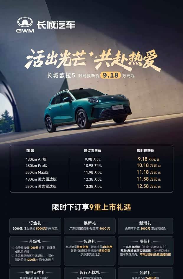 欧拉5双续航版本同步上市 售价9.18万元起