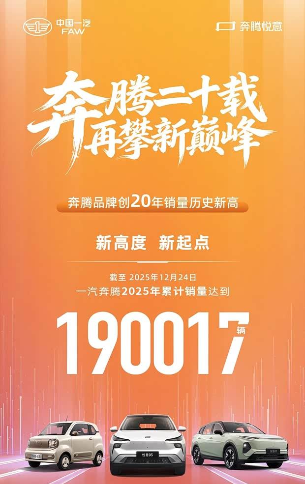 一汽奔腾2025年累计销量突破19万辆 创历史最佳业绩