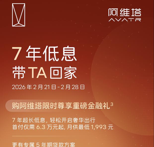 阿维塔推限时金融政策：首付6.3万起 月供低至1993元