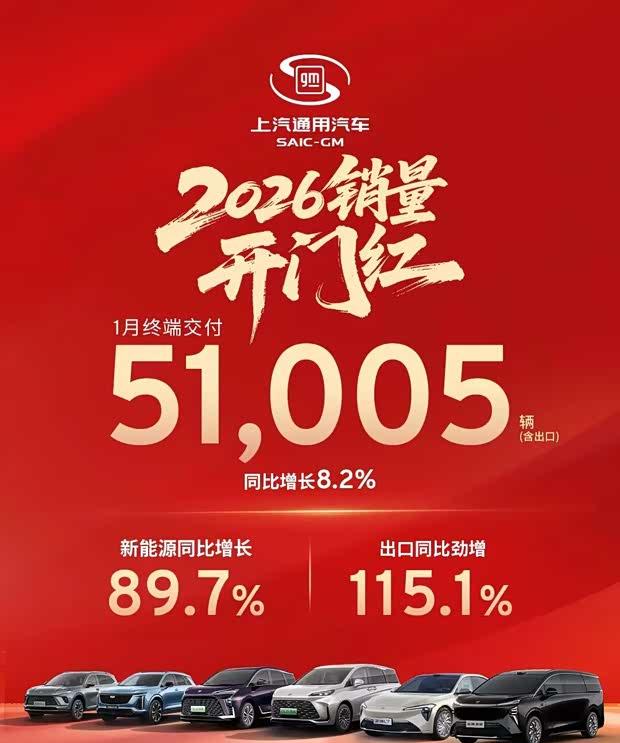 上汽通用汽车1月销量突破5.1万辆 新能源同比激增近九成
