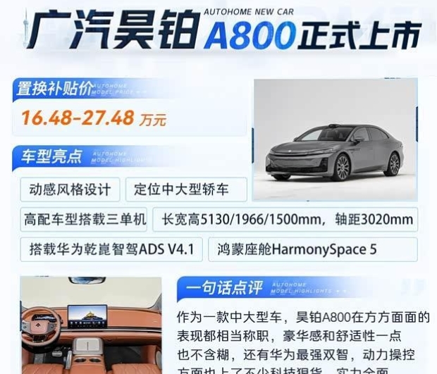 昊铂A800正式上市 售价16.48万元起 搭载华为顶级激光雷达