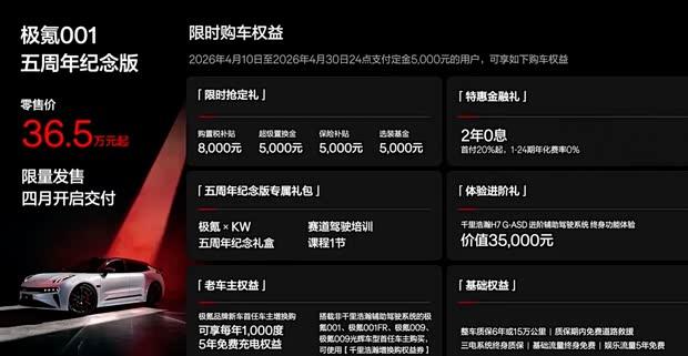 极氪001五周年纪念版正式发布 售价36.5万元起