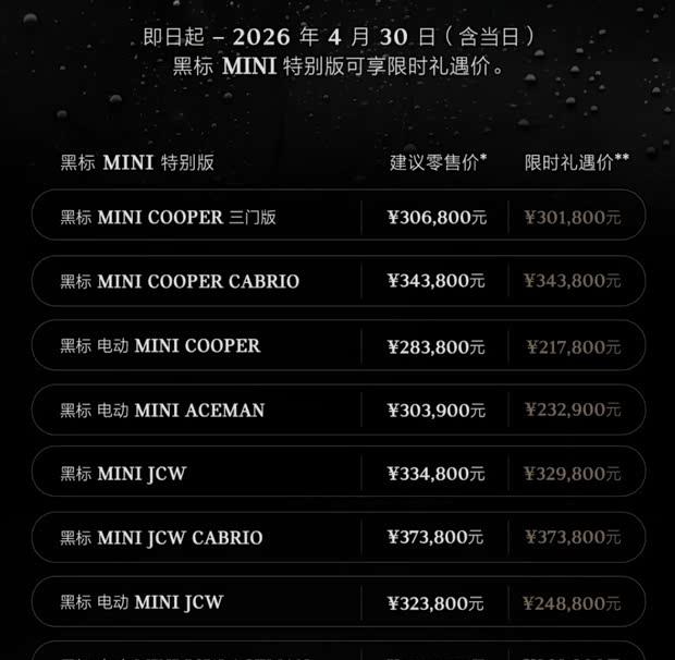 黑标MINI特别版限时发售 燃油电动双线出击