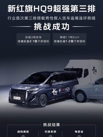 不愧是国产豪华品牌，安全才是最大的豪华#新红旗HQ9 #新红旗HQ9超强第三排 #行业首次第三排搭载男性假人货车追尾连环侧碰挑战成功