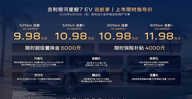 吉利银河星舰7 EV远航家登场：限时起售价9.98万，续航最高605km