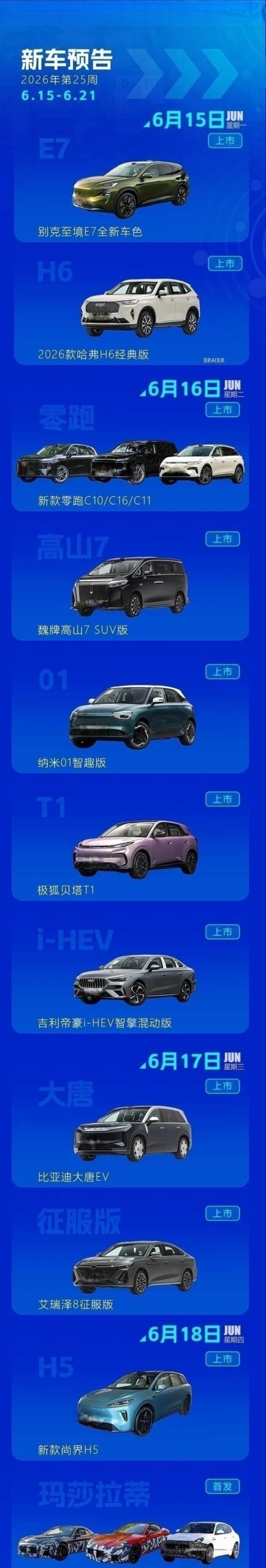 2026年第25周新车前瞻：零跑C10/比亚迪唐EV领衔