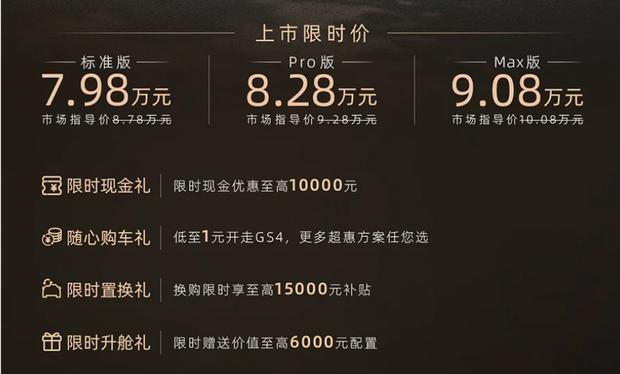 传祺GS4焕新上市：7.98万起售，1.5T+7DCT组合轴距跃升至2770mm