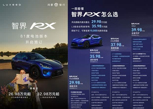 智界RX增两款配置，预售价26.98万起，搭载81kWh电池