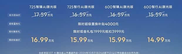 深蓝S07 AI激光版14.99万起售 城区领航+725km续航
